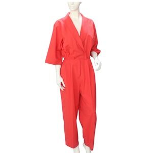 Vintage Red Wrap Jumpsuit Handmade Dolman Sleeve Elastic 80s-90s